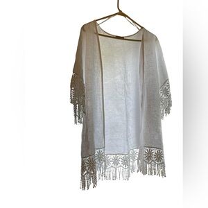White Valentina Naldi Blouse Cardigan 100% Linen Crochet Flowers Edges Size OS
